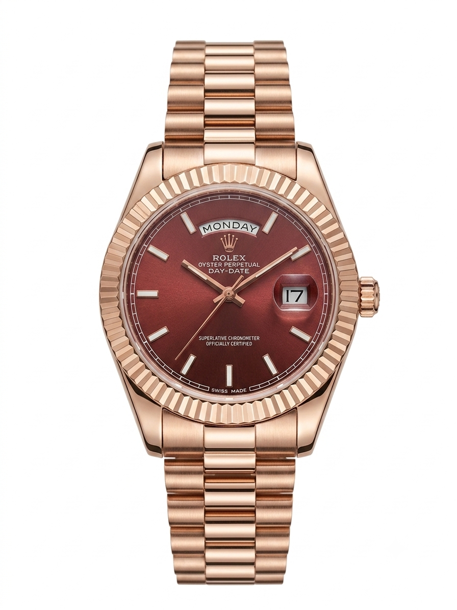 Rolex Day-Date style President Watch – Rose Gold with Burgundy Dial