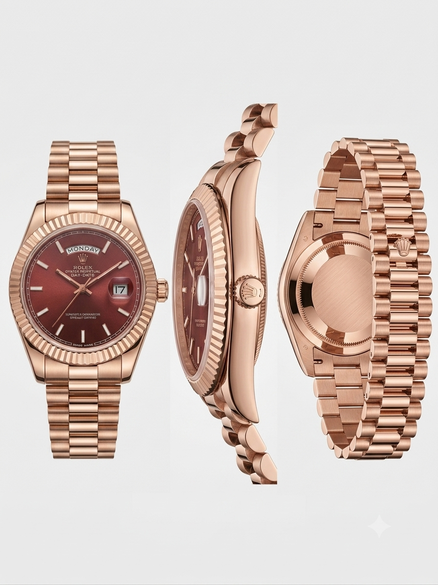 Rolex Day-Date style President Watch – Rose Gold with Burgundy Dial