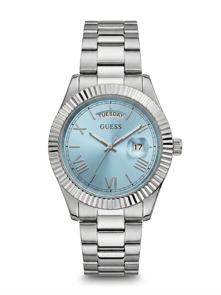 GUESS Day-Date Fluted Bezel Watch – Ice Blue Sunray Dial (Stainless Steel)