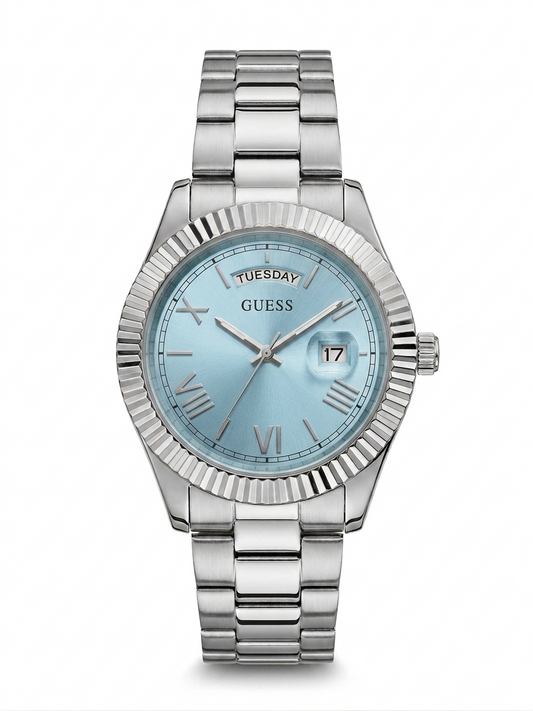 GUESS Day-Date Fluted Bezel Watch – Ice Blue Sunray Dial (Stainless Steel)