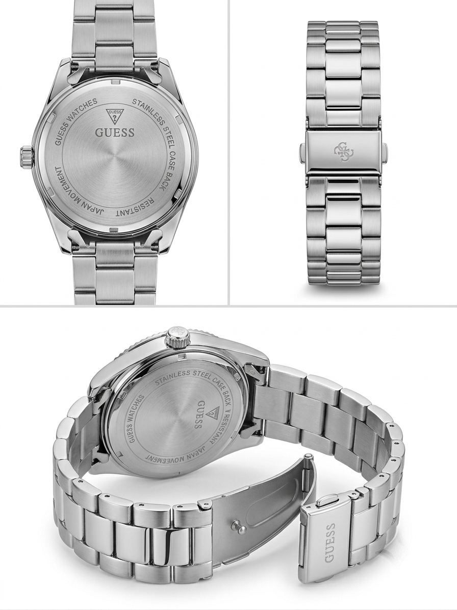GUESS Day-Date Fluted Bezel Watch – Ice Blue Sunray Dial (Stainless Steel)