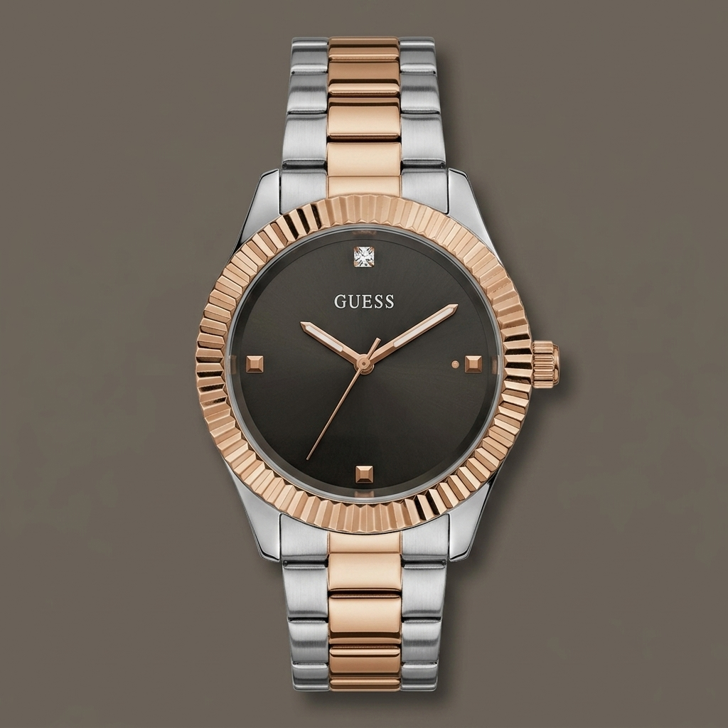 GUESS by Marciano Two-Tone Fluted Bezel Watch – Minimalist Charcoal Dial with Diamond Marker