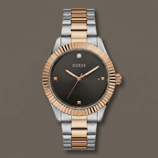 GUESS by Marciano Two-Tone Fluted Bezel Watch – Minimalist Charcoal Dial with Diamond Marker