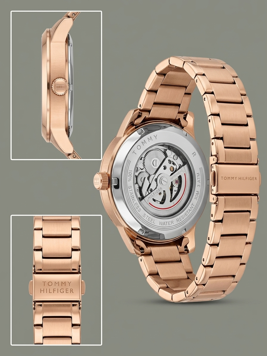 Tommy Hilfiger Skeleton Automatic Watch – Silver Dial & Rose Gold-Tone Steel