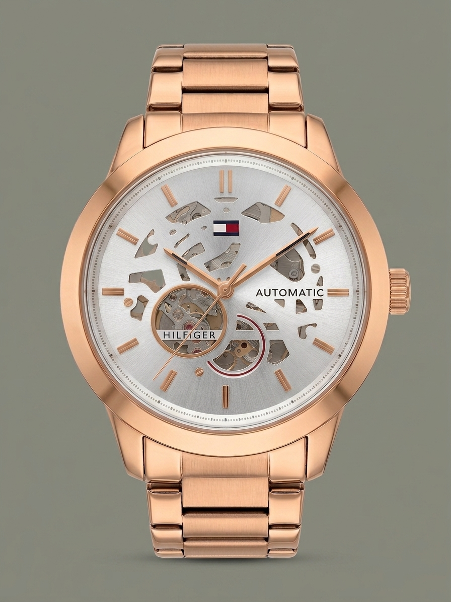 Tommy Hilfiger Skeleton Automatic Watch – Silver Dial & Rose Gold-Tone Steel
