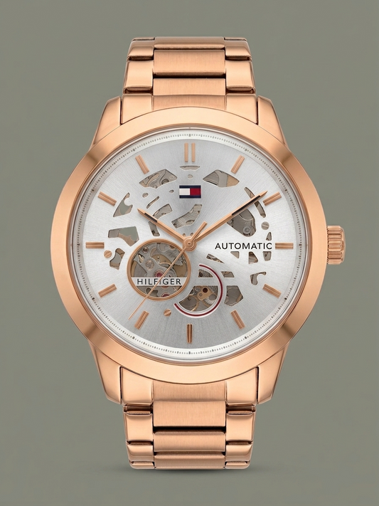 Tommy Hilfiger Skeleton Automatic Watch – Silver Dial & Rose Gold-Tone Steel
