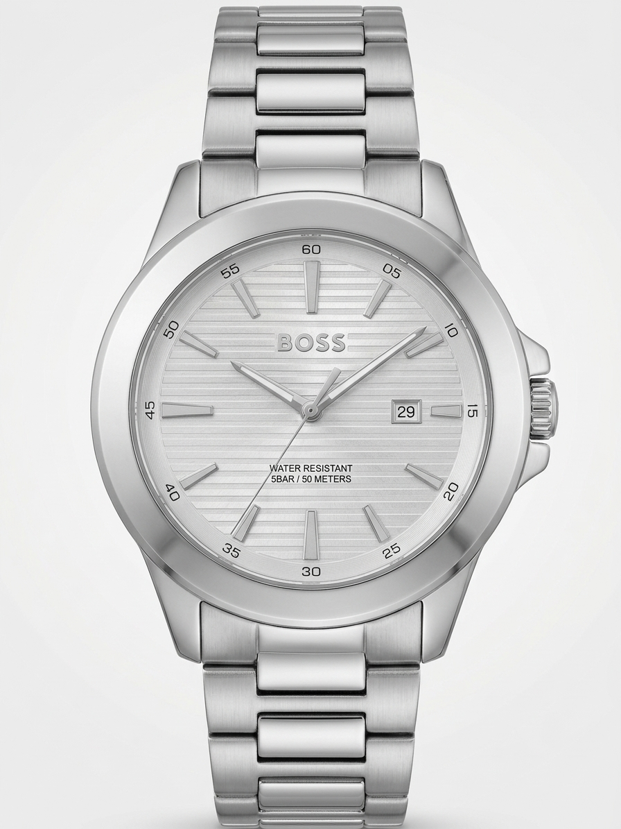 Hugo Boss Men's Stainless Steel Watch – Textured Silver Dial & Date Window