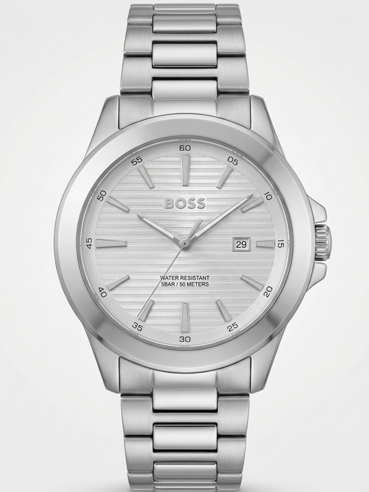 Hugo Boss Men's Stainless Steel Watch – Textured Silver Dial & Date Window