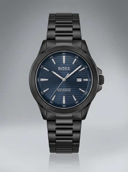 BOSS Men's All-Black Stainless Steel Watch – Textured Dial with Date Display
