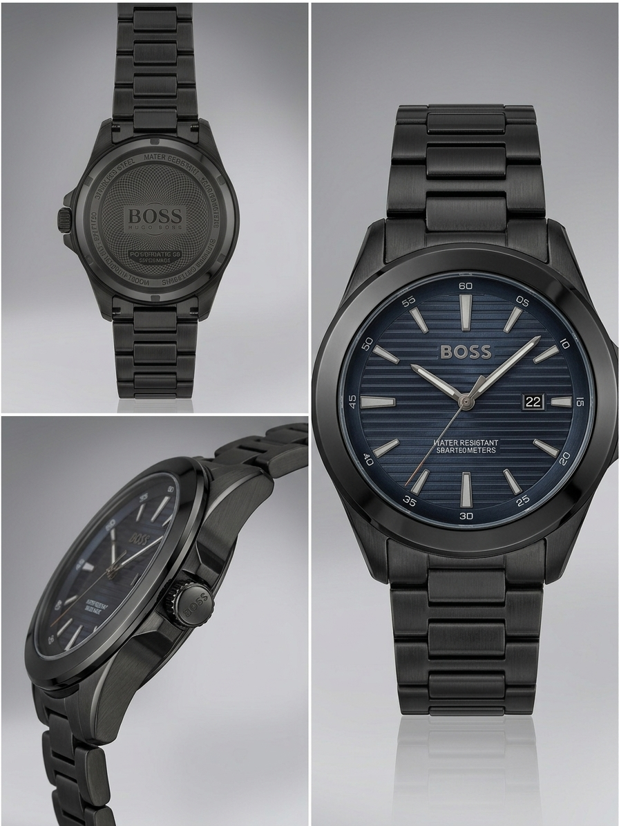BOSS Men's All-Black Stainless Steel Watch – Textured Dial with Date Display